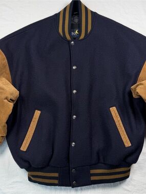 Vintage Luna Pier Varsity Jacket Mens L Navy Wool Tan Leather Sleeves